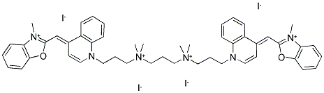 143413-85-8  2-([1-(3-[[3-(DIMETHYL(3-[4-[(E)-(3-METHYL-1,3-BENZOXAZOL-3-IUM-2-YL)METHYLIDENE]-1(4H)-QUINOLINYL]PROPYL)AMMONIO)PROPYL](DIMETHYL)AMMONIO]PROPYL)-4(1H)-QUINOLINYLIDENE]METHYL)-3-METHYL-1,3-BENZOXAZOL-3-IUM TETRAIODIDE