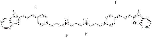 154757-99-0  2-((E)-3-[1-(3-[[3-(DIMETHYL(3-[4-[(E)-3-(3-METHYL-1,3-BENZOXAZOL-3-IUM-2-YL)-2-PROPENYLIDENE]-1(4H)-PYRIDINYL]PROPYL)AMMONIO)PROPYL](DIMETHYL)AMMONIO]PROPYL)-4(1H)-PYRIDINYLIDENE]-1-PROPENYL)-3-METHYL-1,3-BENZOXAZOL-3-IUM TETRAIODIDE