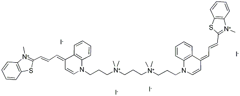 166196-17-4  2-((E)-3-[1-(3-[(3-[DIMETHYL(3-(4-[(Z,2E)-3-(3-METHYL-1,3-BENZOTHIAZOL-3-IUM-2-YL)-2-PROPENYLIDENE]-1-QUINOLINYL)PROPYL)AMMONIO]PROPYL)(DIMETHYL)AMMONIO]PROPYL)-4(1H)-QUINOLINYLIDENE]-1-PROPENYL)-3-METHYL-1,3-BENZOTHIAZOL-3-IUM TETRAIODIDE