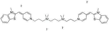 169454-13-1  2-([1-(3-[[3-(DIMETHYL(3-[4-[(3-METHYL-1,3-BENZOTHIAZOL-3-IUM-2-YL)METHYLENE]-1(4H)-PYRIDINYL]PROPYL)AMMONIO)PROPYL](DIMETHYL)AMMONIO]PROPYL)-4(1H)-PYRIDINYLIDENE]METHYL)-3-METHYL-1,3-BENZOTHIAZOL-3-IUM TETRAIODIDE