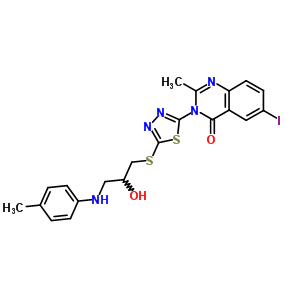 135575-66-5  3-[5-({2-hydroxy-3-[(4-methylphenyl)amino]propyl}sulfanyl)-1,3,4-thiadiazol-2-yl]-6-iodo-2-methylquinazolin-4(3H)-one