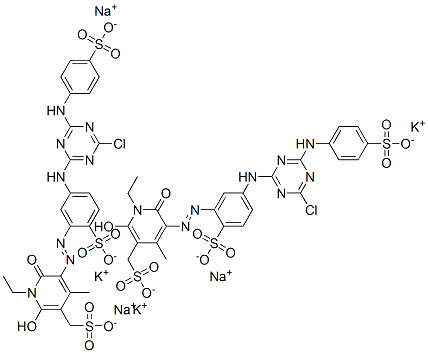 111850-26-1  3-Pyridinemethanesulfonic acid, 5-5-4-chloro-6-(4-sulfophenyl)amino-1,3,5-triazin-2-ylamino-2-sulfophenylazo-1-ethyl-1,6-dihydro-2-hydroxy-4-methyl-6-oxo-, potassium sodium salt