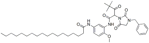 142776-95-2  1-Imidazolidineacetamide, alpha-(2,2-dimethyl-1-oxopropyl)-N-[2-methoxy-5-[(1-oxooctadecyl)amino]phenyl]-2,5dioxo-3-(phenylmethyl)