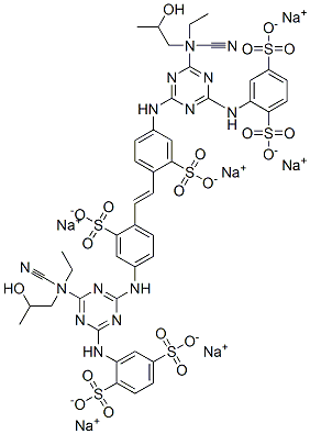 76508-02-6  A mixture of: hexasodium 2,2'-vinylenebis[((3-sulfonato-4,1-phenylene)amino(6-(N-(2-cyanoethyl)-N-(2-hydroxypropyl)amino)-1,3,5-triazine-4,2-diyl)amino)benzene-1,4-disulfonate] and hexasodium trans-4-[4-[N-(2-cyanoethyl)-N-(2-hydroxypropyl)amino]-6-(2,5-d