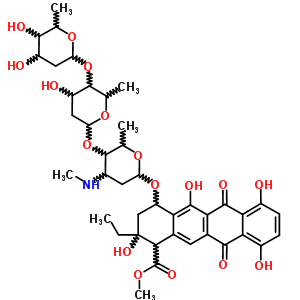 72586-21-1  methyl 4-{[2,6-dideoxyhexopyranosyl-(1->4)-2,6-dideoxyhexopyranosyl-(1->4)-2,3,6-trideoxy-3-(methylamino)hexopyranosyl]oxy}-2-ethyl-2,5,7,10-tetrahydroxy-6,11-dioxo-1,2,3,4,6,11-hexahydrotetracene-1-carboxylate