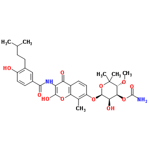 29826-16-2  (3R,4S,5R,6S)-5-hydroxy-6-[(2-hydroxy-3-{[4-hydroxy-3-(3-methylbutyl)benzoyl]amino}-8-methyl-4-oxo-4H-chromen-7-yl)oxy]-3-methoxy-2,2-dimethyltetrahydro-2H-pyran-4-yl carbamate (non-preferred name)