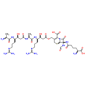 96684-37-6  3-[({4-[(N-{4-(alanylamino)-7-[(diaminomethylidene)amino]-3-hydroxyheptanoyl}alanyl)amino]-7-[(diaminomethylidene)amino]-3-hydroxyheptanoyl}oxy)methyl]-7-[(5-amino-5-carboxypentanoyl)amino]-7-(formylamino)-8-oxo-5-thia-1-azabicyclo[4.2.0]oct-2-ene-2-carbo