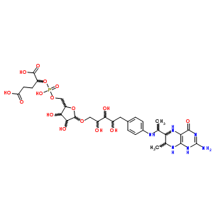 92481-94-2  1-(4-{[1-(2-amino-7-methyl-4-oxo-1,4,5,6,7,8-hexahydropteridin-6-yl)ethyl]amino}phenyl)-1-deoxy-5-O-{5-O-[(1,3-dicarboxypropoxy)(hydroxy)phosphoryl]pentofuranosyl}pentitol