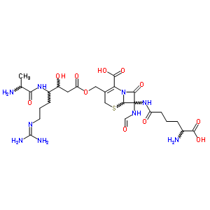 95041-98-8  3-[({4-(alanylamino)-7-[(diaminomethylidene)amino]-3-hydroxyheptanoyl}oxy)methyl]-7-[(5-amino-5-carboxypentanoyl)amino]-7-(formylamino)-8-oxo-5-thia-1-azabicyclo[4.2.0]oct-2-ene-2-carboxylic acid