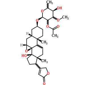 25390-16-3  (3beta,5beta,7alpha,9xi,17xi)-3-[(2-O-acetyl-6-deoxy-3-O-methyl-alpha-D-glycero-hexopyranosyl)oxy]-14-hydroxy-7,8-epoxycard-20(22)-enolide