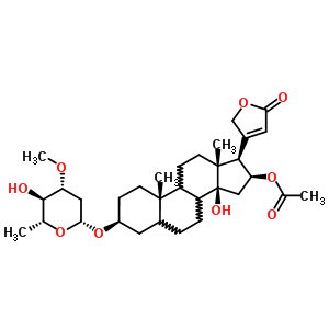 465-17-8  (3beta,8xi,9xi,16beta)-16-(acetyloxy)-3-[(2,6-dideoxy-3-O-methyl-beta-D-arabino-hexopyranosyl)oxy]-14-hydroxycard-20(22)-enolide