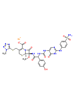77993-85-2  sodium (6R,7S)-7-({(4-hydroxyphenyl)[({6-oxo-2-[(4-sulfamoylphenyl)amino]-1,6-dihydropyrimidin-5-yl}carbamoyl)amino]acetyl}amino)-7-methoxy-3-{[(1-methyl-1H-tetrazol-5-yl)sulfanyl]methyl}-8-oxo-5-thia-1-azabicyclo[4.2.0]oct-2-ene-2-carboxylate