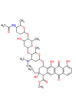 79366-08-8;79391-09-6  methyl 4-{[4-O-{4-O-[5-(acetylamino)-6-methyltetrahydro-2H-pyran-2-yl]-2,6-dideoxyhexopyranosyl}-2,3,6-trideoxy-3-(dimethylamino)hexopyranosyl]oxy}-2-ethyl-2,5,7-trihydroxy-6,11-dioxo-1,2,3,4,6,11-hexahydrotetracene-1-carboxylate