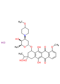 79898-08-1  (3S)-3,5,12-trihydroxy-3-(1-hydroxyethyl)-10-methoxy-6,11-dioxo-1,2,3,4,6,11-hexahydrotetracen-1-yl 2,3,6-trideoxy-3-(4-methoxypiperidin-1-yl)-alpha-L-lyxo-hexopyranoside hydrochloride (1:1)