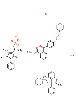 8067-07-0  1-(4-amino-4-okso-3,3-difenilbutil)-1-metilpiperidinyum sodyum bromür [(1,5-dimetil-3-okso-2-fenil-2,3-dihidro-1H-pirazol-4-il)(metil)amino]metansülfonat - metil 2-{4-[2-(piperidin-1-il)etoksi]benzoil}benzoat hidroklorür (1:1:1:1:1)