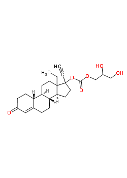 117635-12-8  2,3-dihydroxypropyl (8R,9S,10R,14S)-13-ethyl-17-ethynyl-3-oxo-2,3,6,7,8,9,10,11,12,13,14,15,16,17-tetradecahydro-1H-cyclopenta[a]phenanthren-17-yl carbonate (non-preferred name)