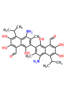25497-49-8  4,4'-diamino-1,1',6,6',7,7'-hexahydroxy-3,3'-dimethyl-5,5'-di(propan-2-yl)-2,2'-binaphthalene-8,8'-dicarbaldehyde