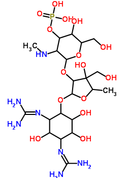 33419-36-2  2,2'-[4-({5-deoxy-2-O-[2-deoxy-2-(methylamino)-3-O-phosphonohexopyranosyl]-3-C-(hydroxymethyl)pentofuranosyl}oxy)-2,5,6-trihydroxycyclohexane-1,3-diyl]diguanidine