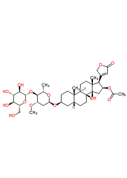 56774-61-9  (3beta,5beta,16beta)-16-(acetyloxy)-3-{[2,6-dideoxy-4-O-(beta-D-glucopyranosyl)-3-O-methyl-alpha-L-arabino-hexopyranosyl]oxy}-14-hydroxycard-20(22)-enolide