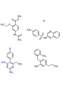 59988-99-7  4-amino-N-quinoxalin-2-yl-benzenesulfonamide; 5-(4-chlorophenyl)-6-ethyl-pyrimidine-2,4-diamine; methyl 4-acetamido-2-ethoxy-benzoate; 5-[(2-methylpyridin-1-ium-1-yl)methyl]-2-propyl-pyrimidin-4-amine; chloride