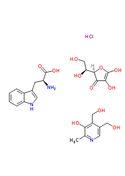 62602-94-2  (2S)-2-amino-3-(1H-indol-3-yl)propanoic acid; 4,5-bis(hydroxymethyl)-2-methyl-pyridin-3-ol; (2R)-2-[(1S)-1,2-dihydroxyethyl]-4,5-dihydroxy-furan-3-one; hydrochloride