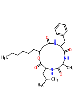 62995-90-8  9-benzyl-13-hexyl-6-methyl-3-(2-methylpropyl)-1-oxa-4,7,10-triazacyclotridecane-2,5,8,11-tetrone