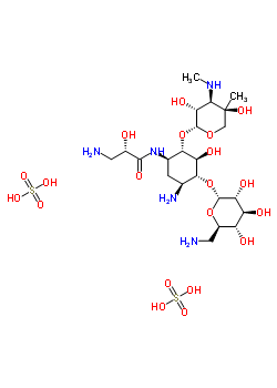 68000-78-2  (2S)-3-amino-N-[(1R,2S,3S,4R,5S)-5-amino-4-[(6-amino-6-deoxy-alpha-D-glucopyranosyl)oxy]-2-{[3-deoxy-4-C-methyl-3-(methylamino)-beta-L-arabinopyranosyl]oxy}-3-hydroxycyclohexyl]-2-hydroxypropanamide sulfate (1:2)