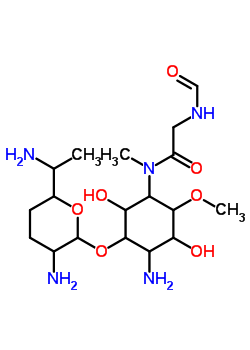 74228-81-2  2-amino-5-[(N-formylglycyl)(methyl)amino]-3,6-dihydroxy-4-methoxycyclohexyl 2,6-diamino-2,3,4,6,7-pentadeoxyheptopyranoside