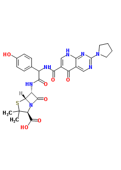 65897-55-4  (2S,5R,6R)-6-{[(4-hydroxyphenyl){[(5-oxo-2-pyrrolidin-1-yl-5,8-dihydropyrido[2,3-d]pyrimidin-6-yl)carbonyl]amino}acetyl]amino}-3,3-dimethyl-7-oxo-4-thia-1-azabicyclo[3.2.0]heptane-2-carboxylic acid