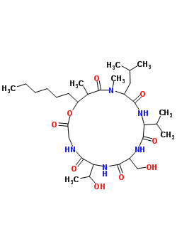 74504-49-7  19-hexyl-6-(1-hydroxyethyl)-9-(hydroxymethyl)-16,18-dimethyl-12-(1-methylethyl)-15-(2-methylpropyl)-1-oxa-4,7,10,13,16-pentaazacyclononadecane-2,5,8,11,14,17-hexone