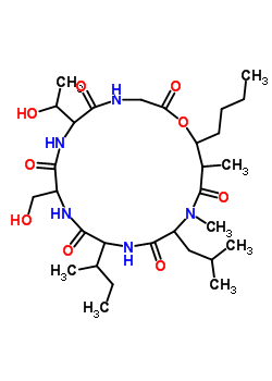 74504-50-0  19-butyl-6-(1-hydroxyethyl)-9-(hydroxymethyl)-16,18-dimethyl-12-(1-methylpropyl)-15-(2-methylpropyl)-1-oxa-4,7,10,13,16-pentaazacyclononadecane-2,5,8,11,14,17-hexone