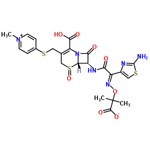 116763-49-6  2-({[(1E)-1-(2-amino-1,3-thiazol-4-yl)-2-{[(6S,7S)-2-carboxy-3-{[(1-methylpyridinium-4-yl)sulfanyl]methyl}-5-oxido-8-oxo-5-thia-1-azabicyclo[4.2.0]oct-2-en-7-yl]amino}-2-oxoethylidene]amino}oxy)-2-methylpropanoate