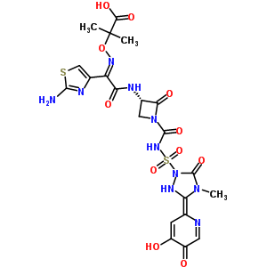 123444-35-9  2-({[(1E)-1-(2-amino-1,3-thiazol-4-yl)-2-{[(3S)-1-({[(3E)-3-(4-hydroxy-5-oxopyridin-2(5H)-ylidene)-4-methyl-5-oxo-1,2,4-triazolidin-1-yl]sulfonyl}carbamoyl)-2-oxoazetidin-3-yl]amino}-2-oxoethylidene]amino}oxy)-2-methylpropanoic acid