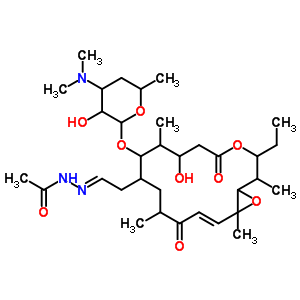 130812-04-3  N'-{(1E)-2-[(14E)-3-ethyl-7-hydroxy-2,8,12,16-tetramethyl-5,13-dioxo-9-{[3,4,6-trideoxy-3-(dimethylamino)hexopyranosyl]oxy}-4,17-dioxabicyclo[14.1.0]heptadec-14-en-10-yl]ethylidene}acetohydrazide