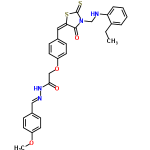 139207-44-6  2-{4-[(E)-(3-{[(2-ethylphenyl)amino]methyl}-4-oxo-2-thioxo-1,3-thiazolidin-5-ylidene)methyl]phenoxy}-N'-[(E)-(4-methoxyphenyl)methylidene]acetohydrazide