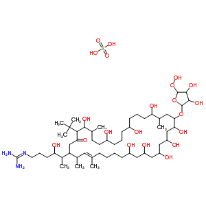 1400-99-3  2-(5-{(3E)-34-tert-butyl-18-[(5-hydroperoxy-3,4-dihydroxytetrahydrofuran-2-yl)oxy]-9,11,13,15,17,21,25,29,33-nonahydroxy-2,4,20,32-tetramethyl-35-oxocyclohexatriacont-3-en-1-yl}-4-hydroxyhexyl)guanidine sulfate (salt)