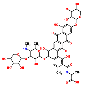 152632-91-2  2-[({1,6,9,14-tetrahydroxy-5-({3-hydroxy-6-methyl-5-(methylamino)-4-[(3,4,5-trihydroxytetrahydro-2H-pyran-2-yl)oxy]tetrahydro-2H-pyran-2-yl}oxy)-3-methyl-8,13-dioxo-11-[(3,4,5-trihydroxytetrahydro-2H-pyran-2-yl)oxy]-5,6,8,13-tetrahydrobenzo[a]tetracen-2-y