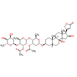 20403-61-6  (3beta,5beta,14xi,16beta)-3-{[2,6-dideoxy-alpha-D-ribo-hexopyranosyl-(1->4)-3-O-acetyl-2,6-dideoxy-alpha-D-ribo-hexopyranosyl-(1->4)-3-O-acetyl-2,6-dideoxy-alpha-D-ribo-hexopyranosyl]oxy}-14,16-dihydroxycard-20(22)-enolide