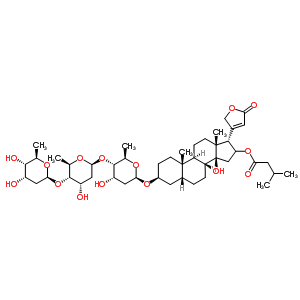 26184-94-1  (3beta,5beta,17alpha)-3-{[2,6-dideoxy-beta-D-ribo-hexopyranosyl-(1->4)-2,6-dideoxy-beta-D-ribo-hexopyranosyl-(1->4)-2,6-dideoxy-beta-D-ribo-hexopyranosyl]oxy}-14-hydroxy-16-[(3-methylbutanoyl)oxy]card-20(22)-enolide