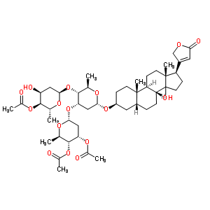 28986-03-0  (3beta,5beta,14xi)-3-{[4-O-acetyl-2,6-dideoxy-alpha-D-ribo-hexopyranosyl-(1->4)-[3,4-di-O-acetyl-2,6-dideoxy-alpha-D-ribo-hexopyranosyl-(1->3)]-2,6-dideoxy-alpha-D-ribo-hexopyranosyl]oxy}-14-hydroxycard-20(22)-enolide