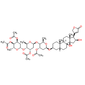 29253-86-9  (3beta,5beta,16beta)-3-{[3,4-di-O-acetyl-2,6-dideoxy-beta-D-ribo-hexopyranosyl-(1->4)-3-O-acetyl-2,6-dideoxy-beta-D-ribo-hexopyranosyl-(1->4)-(4xi)-3-O-acetyl-2,6-dideoxy-beta-D-erythro-hexopyranosyl]oxy}-14,16-dihydroxycard-20(22)-enolide