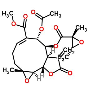 33880-85-2  methyl (1aR,4E,6S,7S,7aR,10aS,10bR)-6-(acetyloxy)-7-({[(2R,3R)-2,3-dimethyloxiran-2-yl]carbonyl}oxy)-1a-methyl-8-methylidene-9-oxo-1a,2,3,6,7,7a,8,9,10a,10b-decahydrooxireno[9,10]cyclodeca[1,2-b]furan-5-carboxylate