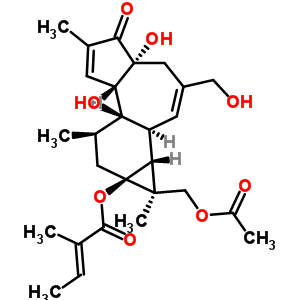 39071-30-2  (1S,1aR,1bS,4aR,7aS,7bR,8R,9aS)-1-[(acetyloxy)methyl]-4a,7b-dihydroxy-3-(hydroxymethyl)-1,6,8-trimethyl-5-oxo-1,1a,1b,4,4a,5,7a,7b,8,9-decahydro-9aH-cyclopropa[3,4]benzo[1,2-e]azulen-9a-yl (2E)-2-methylbut-2-enoate