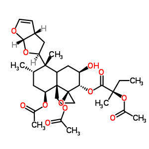 39877-08-2  (1R,2S,3R,5S,6S,8S,8aR)-8-(acetyloxy)-8a-[(acetyloxy)methyl]-3-hydroxy-5,6-dimethyl-5-[(2S,3aS,6aS)-2,3,3a,6a-tetrahydrofuro[2,3-b]furan-2-yl]octahydro-2H-spiro[naphthalene-1,2'-oxiran]-2-yl (2R)-2-(acetyloxy)-2-methylbutanoate