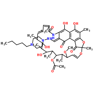 41971-16-8  (8E,24E)-5,6,17,19-tetrahydroxy-23-methoxy-2,4,12,16,18,20,22-heptamethyl-1,9,11-trioxo-8-{[(4-pentylpiperazin-1-yl)amino]methylidene}-1,2,8,9-tetrahydro-2,7-(epoxypentadeca[1,11,13]trienoimino)naphtho[2,1-b]furan-21-yl acetate