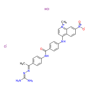 50309-09-6  4-({4-[(4-{(1E)-1-[(diaminomethylidene)hydrazinylidene]ethyl}phenyl)carbamoyl]phenyl}amino)-1-methyl-7-nitroquinolinium chloride hydrochloride (1:1:1)