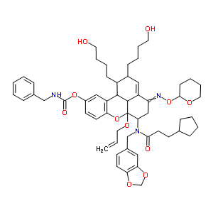 5213-87-6  6-[(1,3-benzodioxol-5-ylmethyl)(3-cyclopentylpropanoyl)amino]-1,2-bis(4-hydroxybutyl)-6a-(prop-2-en-1-yloxy)-4-[(tetrahydro-2H-pyran-2-yloxy)imino]-1,2,4,5,6,6a,11b,11c-octahydrobenzo[kl]xanthen-10-yl benzylcarbamate