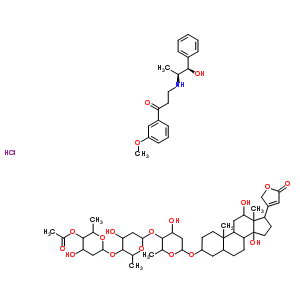 57607-36-0  3-{[(1S,2R)-2-hydroxy-1-methyl-2-phenylethyl]amino}-1-(3-methoxyphenyl)propan-1-one - 3-{[4-O-acetyl-2,6-dideoxyhexopyranosyl-(1->4)-2,6-dideoxyhexopyranosyl-(1->4)-2,6-dideoxyhexopyranosyl]oxy}-12,14-dihydroxycard-20(22)-enolide (1:1) hydrochloride