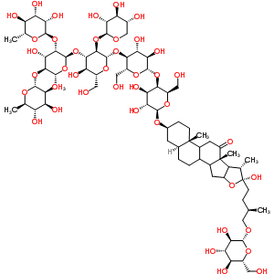 58572-17-1  (3beta,5alpha,8xi,9xi,14xi,16xi,17xi,22R,25R)-26-(beta-D-glucopyranosyloxy)-22-hydroxy-12-oxofurostan-3-yl 6-deoxy-alpha-D-mannopyranosyl-(1->2)-[6-deoxy-alpha-D-mannopyranosyl-(1->4)]-6-deoxy-alpha-D-mannopyranosyl-(1->3)-[beta-D-xylopyranosyl-(1->2)]-be