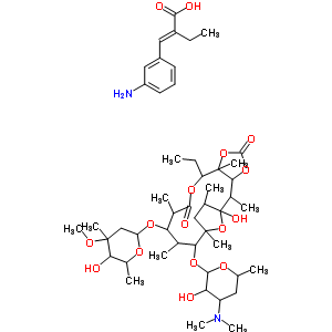 59202-89-0  (2E)-2-[(3-aminophenyl)methylidene]butanoic acid - 14-{[4-(dimethylamino)-3-hydroxy-6-methyltetrahydro-2H-pyran-2-yl]oxy}-8-ethyl-1-hydroxy-12-[(5-hydroxy-4-methoxy-4,6-dimethyltetrahydro-2H-pyran-2-yl)oxy]-2,7,11,13,15,17-hexamethyl-4,6,9,18-tetraoxatric